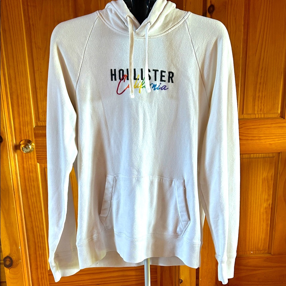 Hollister White Hoodie with rainbow Logo